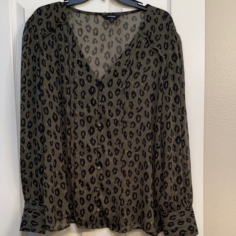 Express Olive Leopard Print Tie-Front Blouse
